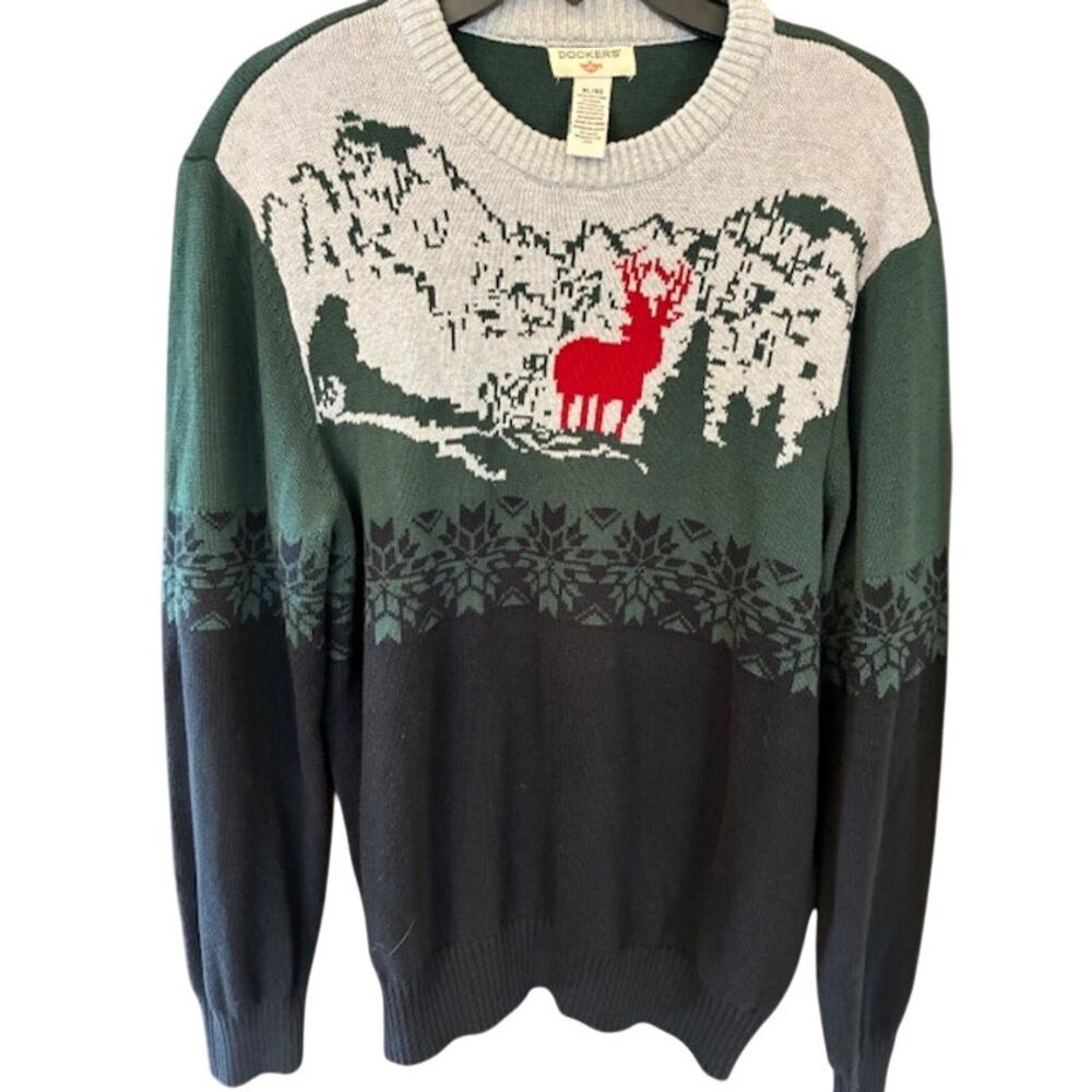 Dockers Mens Nordic Green Christmas‎ Sweater Red Reindeer Mountains Outdoors XL